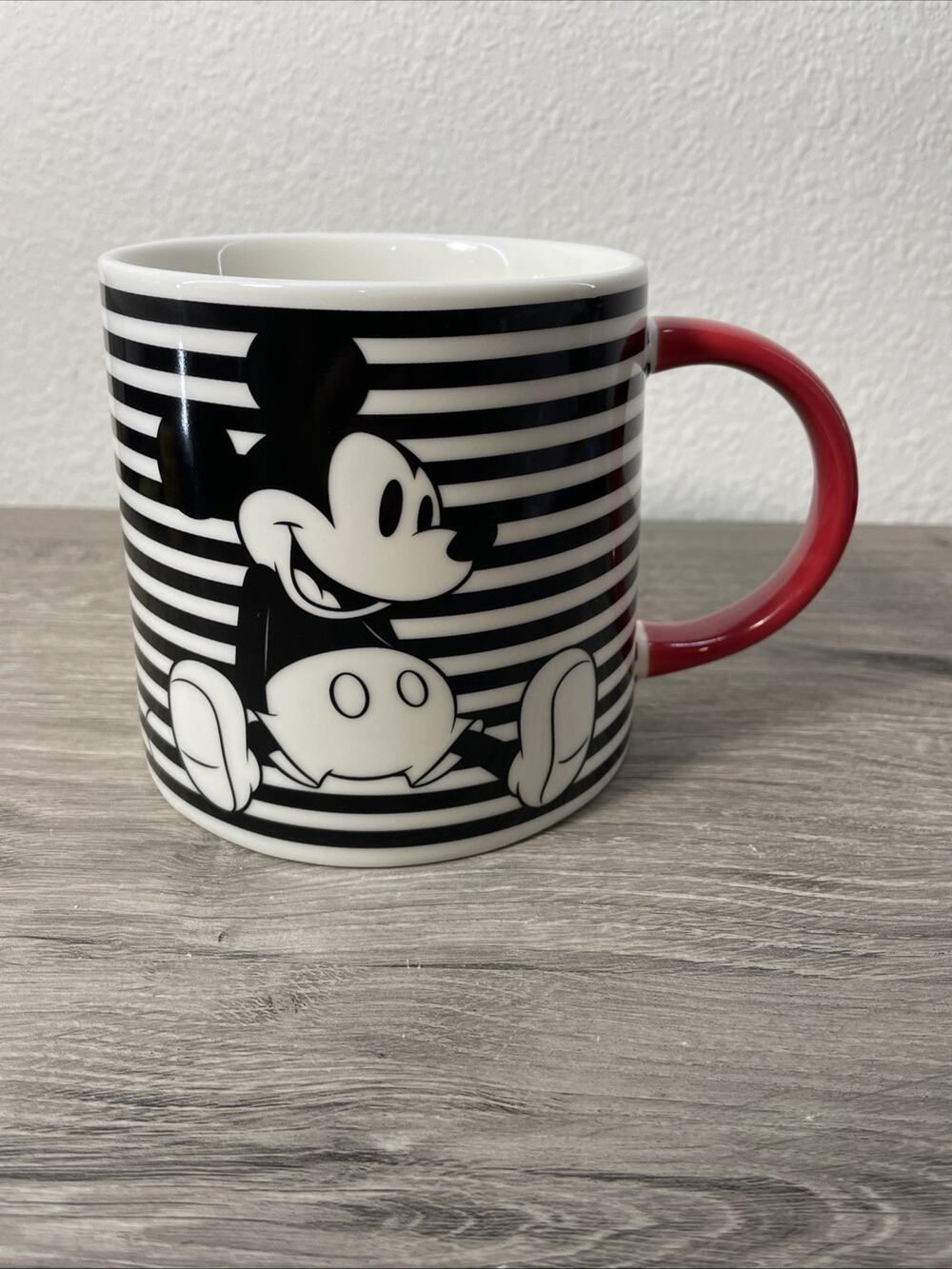 Disney Mickey Mouse Coffee Cup Soup Mug Black/White Striped with Red Handle 24oz